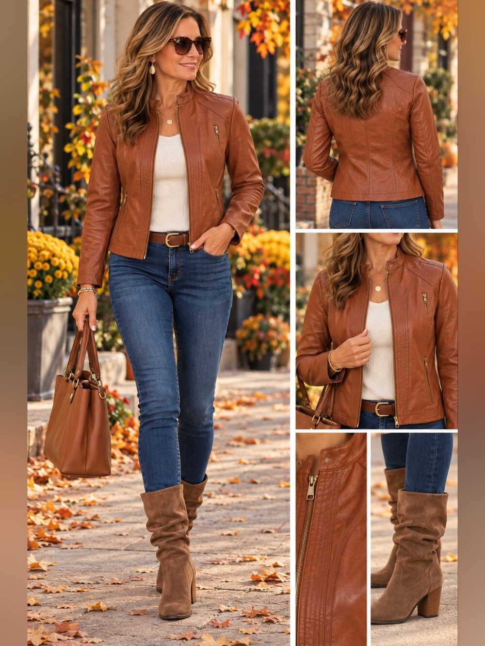Gallery Cognac Faux Leather Zip Jacket